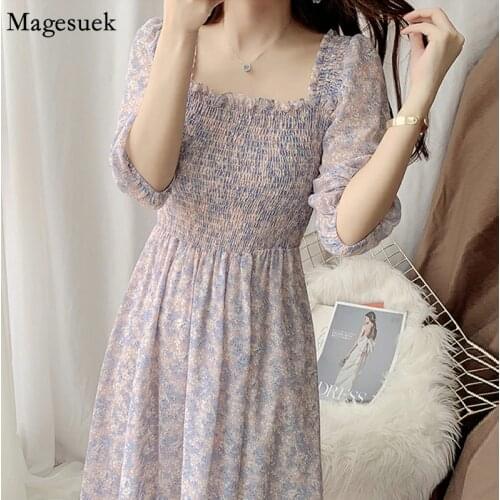 Puff Sleeve Floral Dress Women Summer 2021 Square Collar Chiffon Dress Elegant A-Line Fashion Print Dresses Plus Size Robe 15228