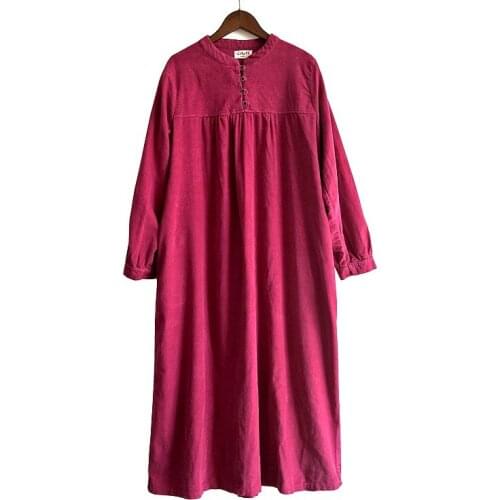 Women Loose Stand Collar Corduroy Dress Ladies Washed Loose Dresses Female Solid Color Dresses