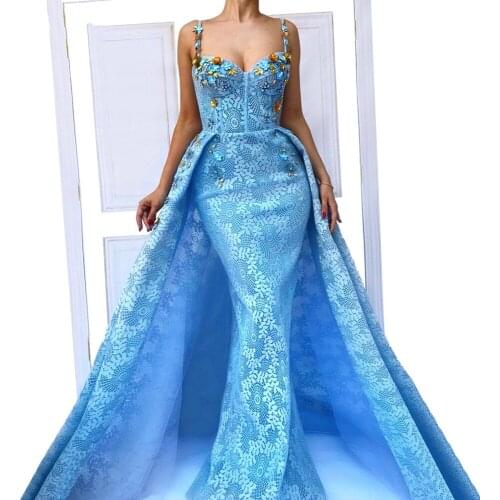 Sky Blue Evening Dresses Mermaid Sweetheart Lace Flowers Beaded Dubai Saudi Arabia Long Prom Dress Gown Robe De Soiree