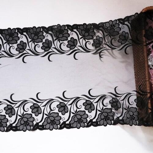 1Meter 32 CM Width Two Sides Black Flowers Embroidered Lace Trim Mesh Lingerie Bra Handmade Dress Sewing Fabrics Materials DIY