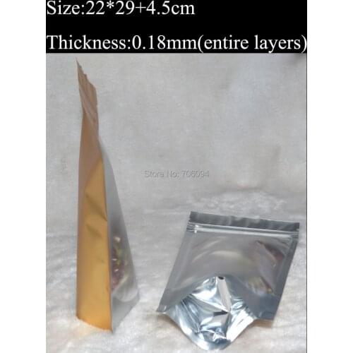 22x29+4.5cm/8.7''x11.4'',100pcs/lot, Tea,Coffee pack bag clear stand up foil Bag Gold Ziplock Stand Up Metallic Ziplock Bag