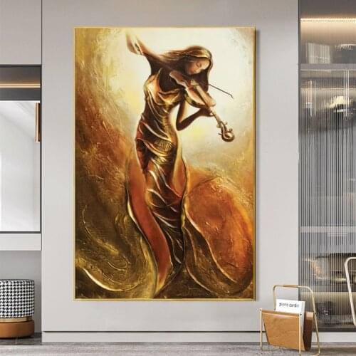 Abstract Golden Woman Playing Violin Canvas Painting Nordic Poster and Prints Wall Art Pictures for Living Room Home Decoration