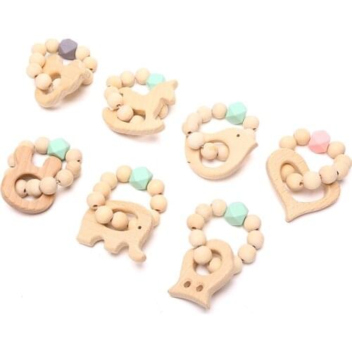 Wooden Toys Baby Animals Bracelets Beech Teether Silicone Beads Teething Wood Rattles Toys Infant Nursing Gift For Newborn