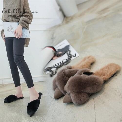 ETHEL ANERSON Real Rabbit Fur Luxury Mules Indoor Outdoor Slippers Beauty Slip On Fluffy Slides Soft Shoes
