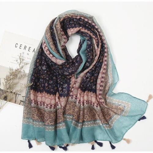 Desigual Spain Floral Tassels Scarf Hijabs Women Fashion Long Cotton Shawls Muslim Head Wraps Turban Headscarf Womens bandana