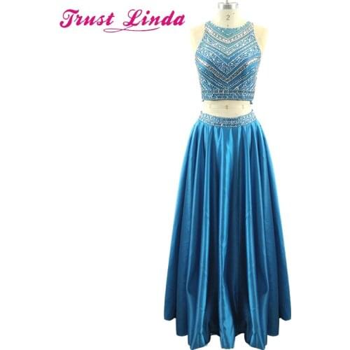Crystal Beadings Two Piece Set Prom Gown Floor Length Sparkly Teal Blue Long Dress for Wedding Party Graduation Homecoming