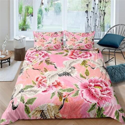 Luxury 3D Crane and Flowers Printed 2/3Pcs Bedding Set Animal Pattern Duvet Cover Pillowcase Home Textile Queen and King Size