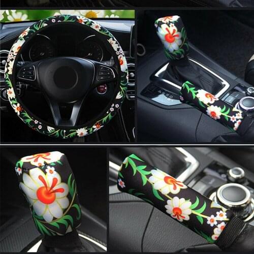 3PCS Set New Unique Flower Auto Car Steering Wheel Cover Handbrake Sleeve Cover Gearshift Cover Steering Interior Accessories