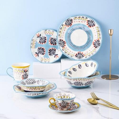 Nordic Under Glaze Ceramic Plate Set Hand-painted Dinnerware French Romantic Steak Salad Pasta Plate Large Capacity Soup Bowl