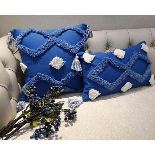 Boho Cushion Cover Nordic Style Tufted Tassel Throw Pillow Covers Blue Geometric Decorative Macrame Pillow Case For Home Sofa