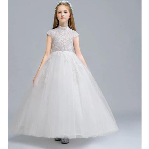 New White High Neck Ball Gown Appliques Short Sleeves Floor Length Kids Party Communion Dress Girl Flower Dresses For Weddings