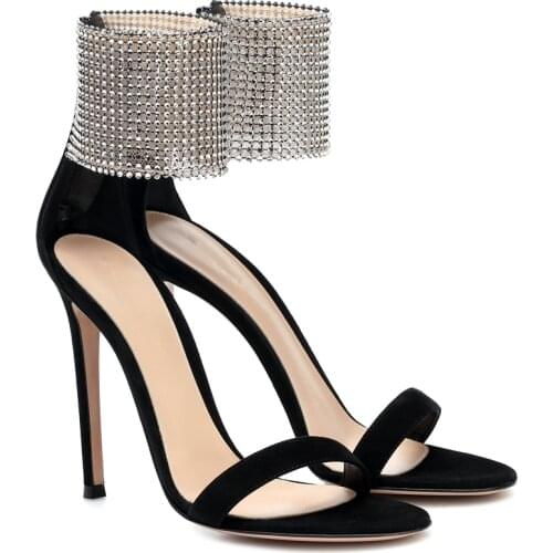 Summer New Stiletto Sandals Women Rhinestone One-Word Buckle Strap Black High Heels Shoes Women Fashion sandalias de las mujeres
