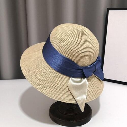 New Elegant Bow Sun Hat Cap Wide Brim Summer Hats For Women Beach Panama Straw Dome Anti-UV Bucket Cap Breathable Visor Bonnet