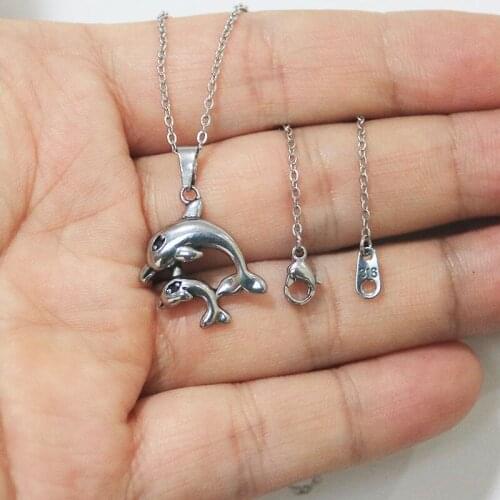 1pc 3D Dolphin Mom & Baby Stainless Steel Pendant Necklace Vintage Animal Charms Necklaces Women Kids Girls Love Jewelry Gift