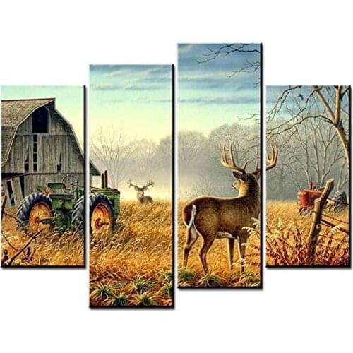 Framed 4Pcs/Set Animal Deer Family with Pine Forest Canvas Art Print Painting Poster Wall Picture for Home Decoration Home Decor