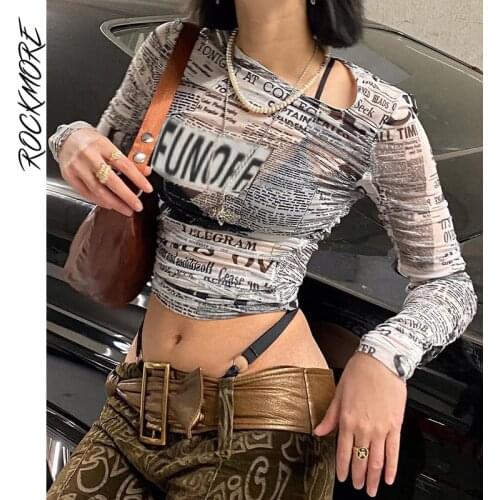 Rockmore Vintage Print Crop Top y2k Mesh Long Sleeve T Shirt See Through Tee Women Harajuku Pullovers Korean Tshirt Female 2021