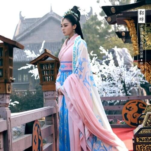 Pink Blue Print Diao Chan Hanfu Costume TV Play Chinese Hero-Zhao ZiLong of Three Kingdoms Period Drama Costume Hanfu for Women