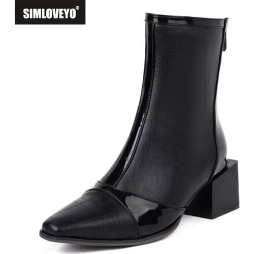 SIMLOVEYO 2021 Designer Gothic Black Ankle Boots for Women Mortorcycle Pointed Toe Square Mid Heel Zipper Blue Big Size 48 S2451