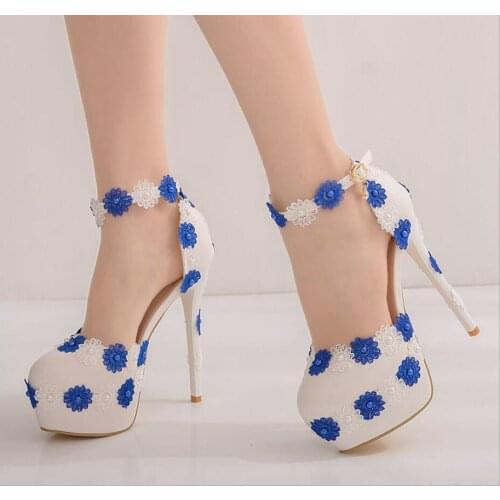 14 cm round toe platform high heels blue and white lace flowers pearl wedding shoes long dress dress stage performance shoes