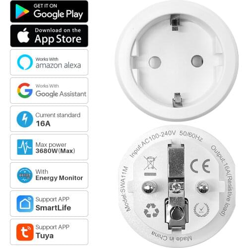 16A Tuya Smart Plug WiFi 3680W EU Intelligent Socket Timing Outlet SmartLife APP Control Compatible with Alexa Google Home