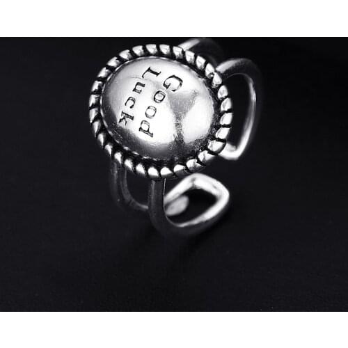 Vintage 'Good Luck' Letter Antique Silver Plated Punk Hiphop Rock Style Resizable Rings for Women Girl & Man Retro Party Jewelry