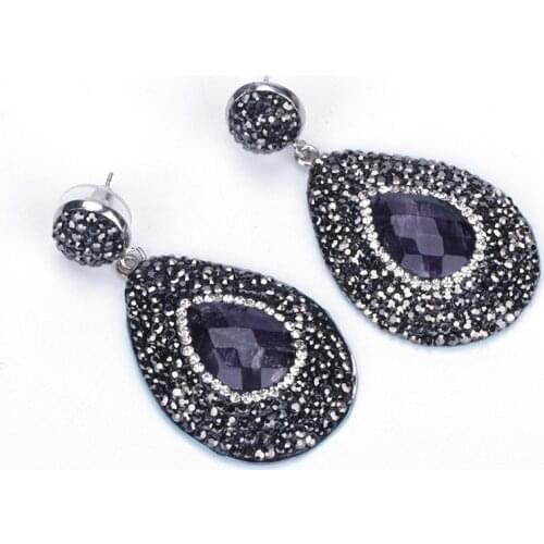 Vintage Purple Water Drop Faceted Amethysts Stone Pendant Charm Pave Black Rhinestone Big Dangle Earrings For Women Brinco