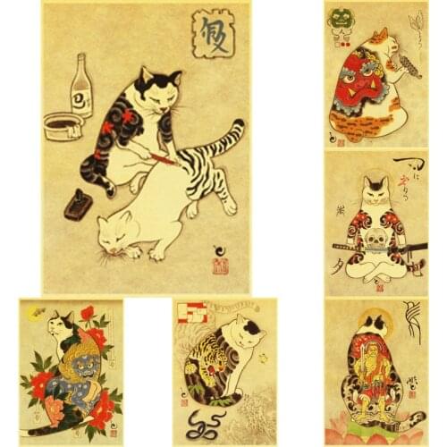 Japanese Samurai Tattoo Cat Poster Retro Kraft Paper Posters Vintage Wall Art Painting Bar Bedroom Decor Stickers