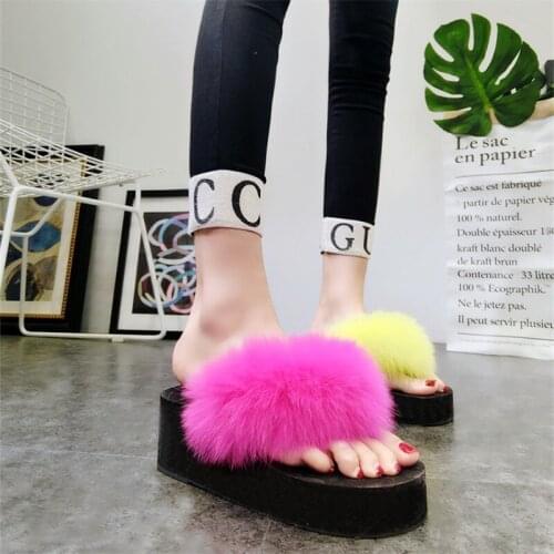 Fox Fur Fluffy Slippers Womens Comfortable Fur Cross Indoor Floor Slippers Furry Shoes Ladies Female Celebrity Slippers