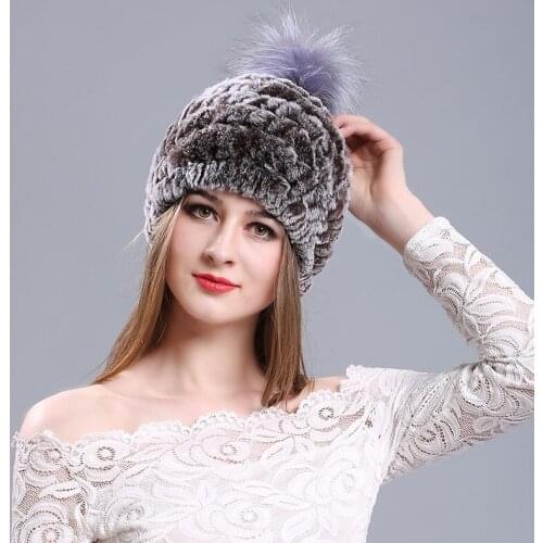 Womens Rex Rabbit Fur Beanies Hat Autumn Winter Warm Fox Hair Ball Pompom Ladies Skullies Cap Female Ear Protection Hats H7086