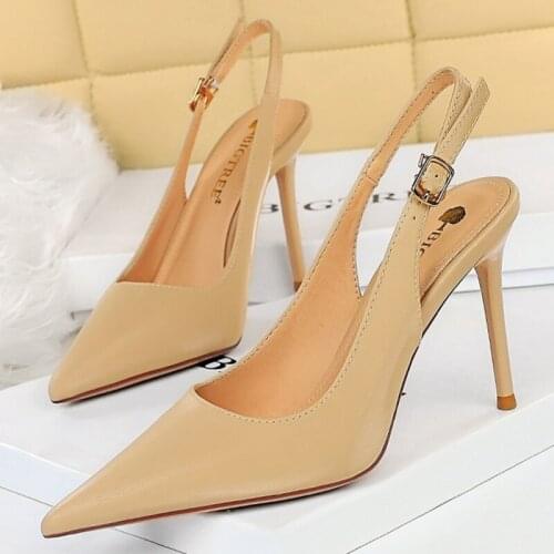 2021 New Women 9.5cm High Heels Tacons Pumps Plus Size 43 Luxury Lady Hollow Out Slingback Shoes Scarpins Apricot Grey Pumps