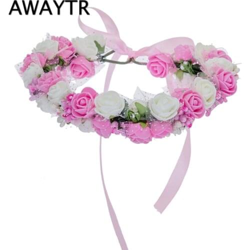 Women Bezel Flowers on Head AWAYTR Girls Flower Crown Wreath Wedding Bridal Hair Accessories Double Foam Rose Floral Headband