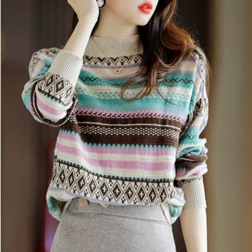 Women Autumn Winter Retro Print Half Turtleneck Pullover Sweater Korean Fashion Long Sleeve Lady Knitted Jumper Sueters De Mujer