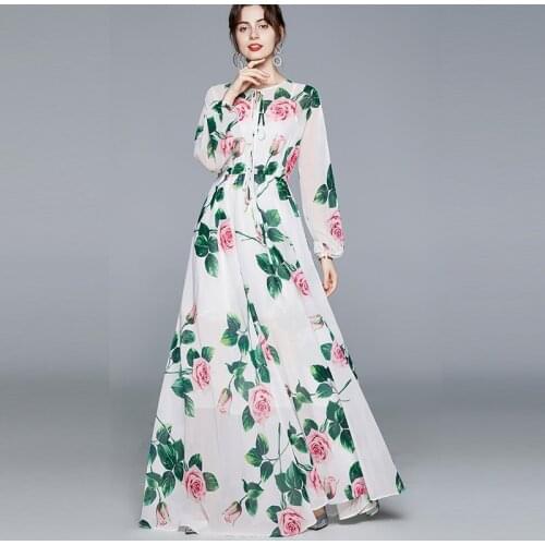 2020 New Spring Autumn Women Luxury Runway Dress High Quality Gorgeous Retro Rose Flowers Print Big Hem Chiffon Long Dress