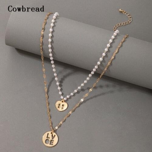 COWBREAD Personality Letter Necklace for Women Pendant Love Double Layer Chain Necklace Womens Neck Chain Beaded Jewelry