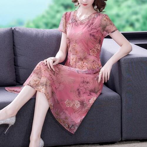 Summer Red Floral Mulberry Silk Vintage Beach Midi Dress 2021 Women 5XL Plus Size Chiffon Dress Bodycon Elegant Party Vestidos