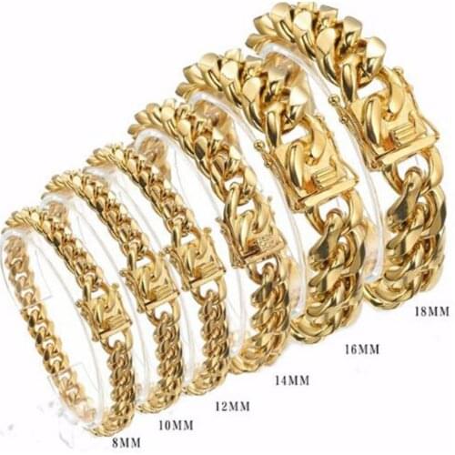 Gold Color Stainless Steel Miami Curb Cuban Link Chain Bracelet Bangle 7-11 Inches Length For Men 8/10/12/14/16/18mm