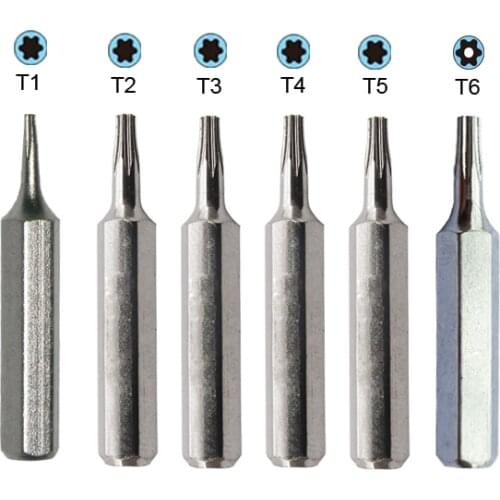 6pcs CR-V Torx Bit Set Including T1, T2, T3, T4, T5, T6 (T6 Security torx)