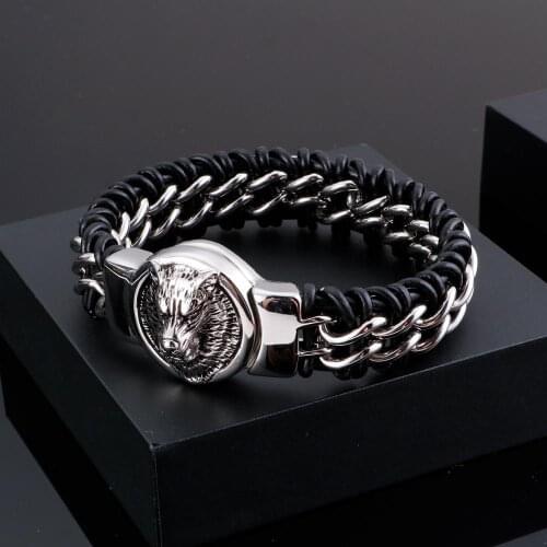 Antique Teen Wolf Head Charm Bracelet Braid Stainless Steel with Leather Rope Mens Bracelets Bangle Wristband Pulseira
