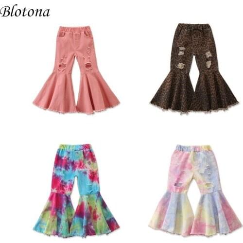 Blotona Fashion Kids Baby Girls Flared Pants Tie-Dye Leopard Printed Denim Elastic High Waist Hole Trousers Pants 2-7Y