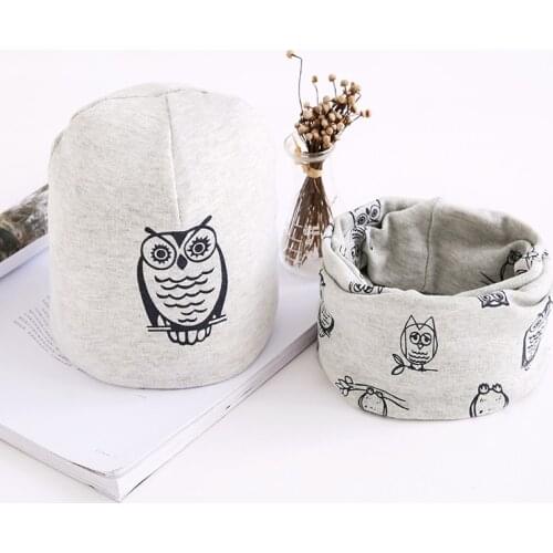 Baby Hat Scarf Set Autumn Winter Infant Caps Cotton Scarf Baby Beanies Cartoon Owl Printed Spring Children Baby Boys Girls Hats