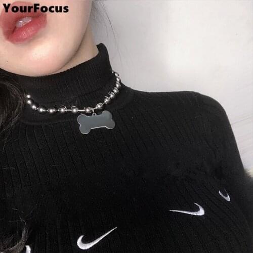Exclusive harajuku punk rok stainless steel bone choker dog tag beads colar women cute necklace