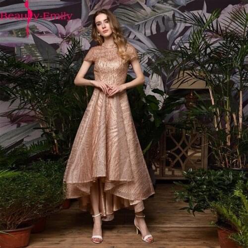 Short Sleeve Elegant Rose Gold Evening Dress 2020 Fashion Hi Low Prom Gowns Sexy High Neck Beading Beautiful Girls Party Dress