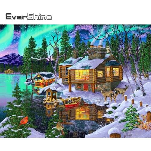 Evershine 5D DIY Diamond Painting House Scenery New Arrival Diamond Embroidery Lake Cross Stitch Kits Mosaic Winter Home Decor