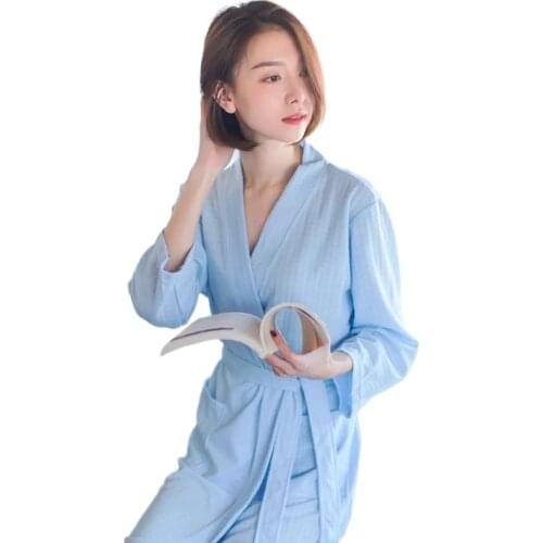 3011D-1 Men and Women Couples Kimono Plaid Pattern Bathrobe Night Gown Home Service Household Clothes Spring and Summer Robe