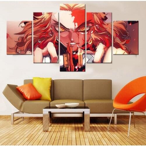 5 Pieces Rengoku Kyojuro Kimetsu No Yaiba Hd Paintings Wall Art Canvas Anime Pictures For Living Room Home Decoration Posters