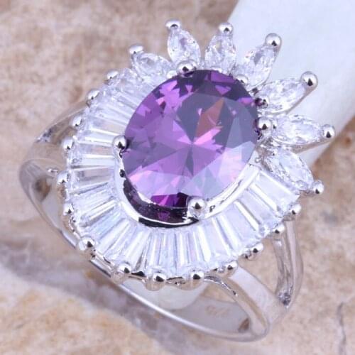 Captivating Purple Cubic Zirconia White CZ Silver Plated Womens Ring Size 5 / 6 / 7 / 8 / 9 R1398