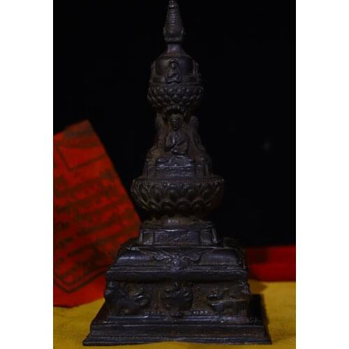 7"Tibet Temple Collection Old Bronze Sakyamuni Sitting Buddha pagoda stupa Ornaments Town House Exorcism