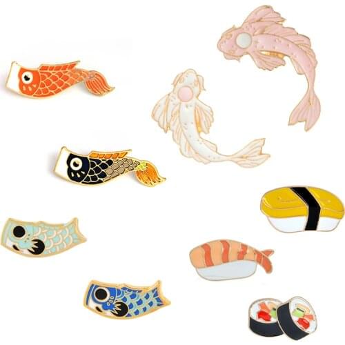 Japanese Style Collection Enamel Pins Koi Squid Flag Brooches Backpack Clothes Lapel Pins Sushi Salmon Badges Cartoon Jewelry