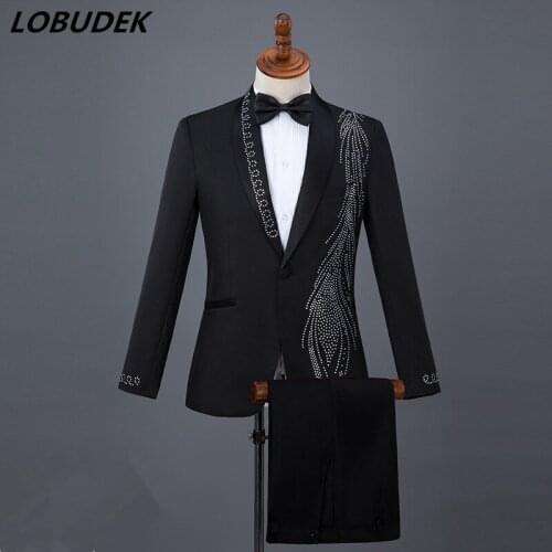 2018 Male Crystals slim Suits sets Flashing Diamond Blazers singer Chorus stage outfit Prom Compere master performance Costumes