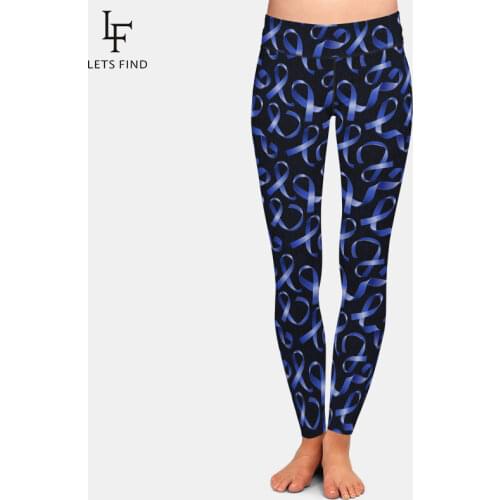 LETSFIND New 220gsm Milk Silk Blue Ribbon Print Women High Waist Pants Fashion Plus Size Fitness Slim Soft Stretch Leggings